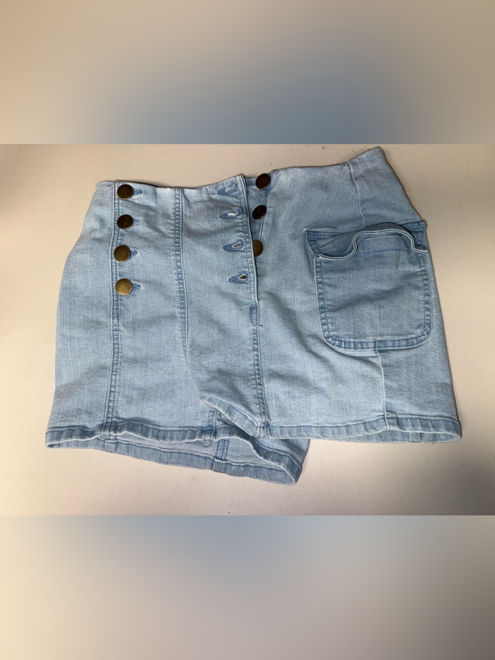 VENUS Light Blue Denim high waisted shorts with Button Accent